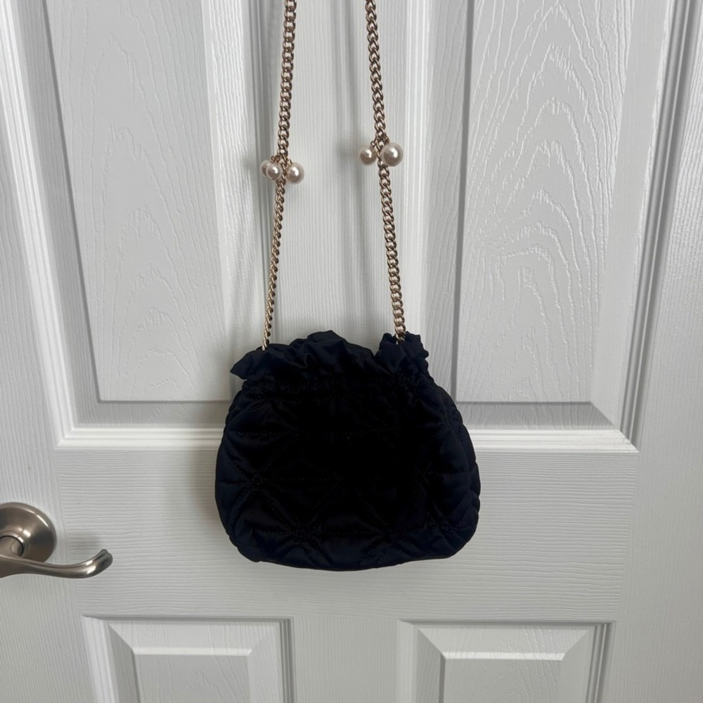 Black Quilted Drawstring‎ Bag Gold Chain Pearl Embellished Evening Clutch